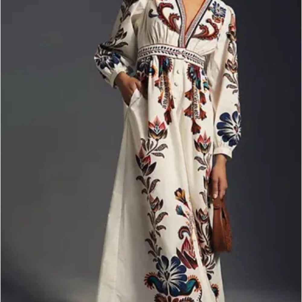 FARM Rio Long Sleeve Dress - White with Multicolor Embroidery